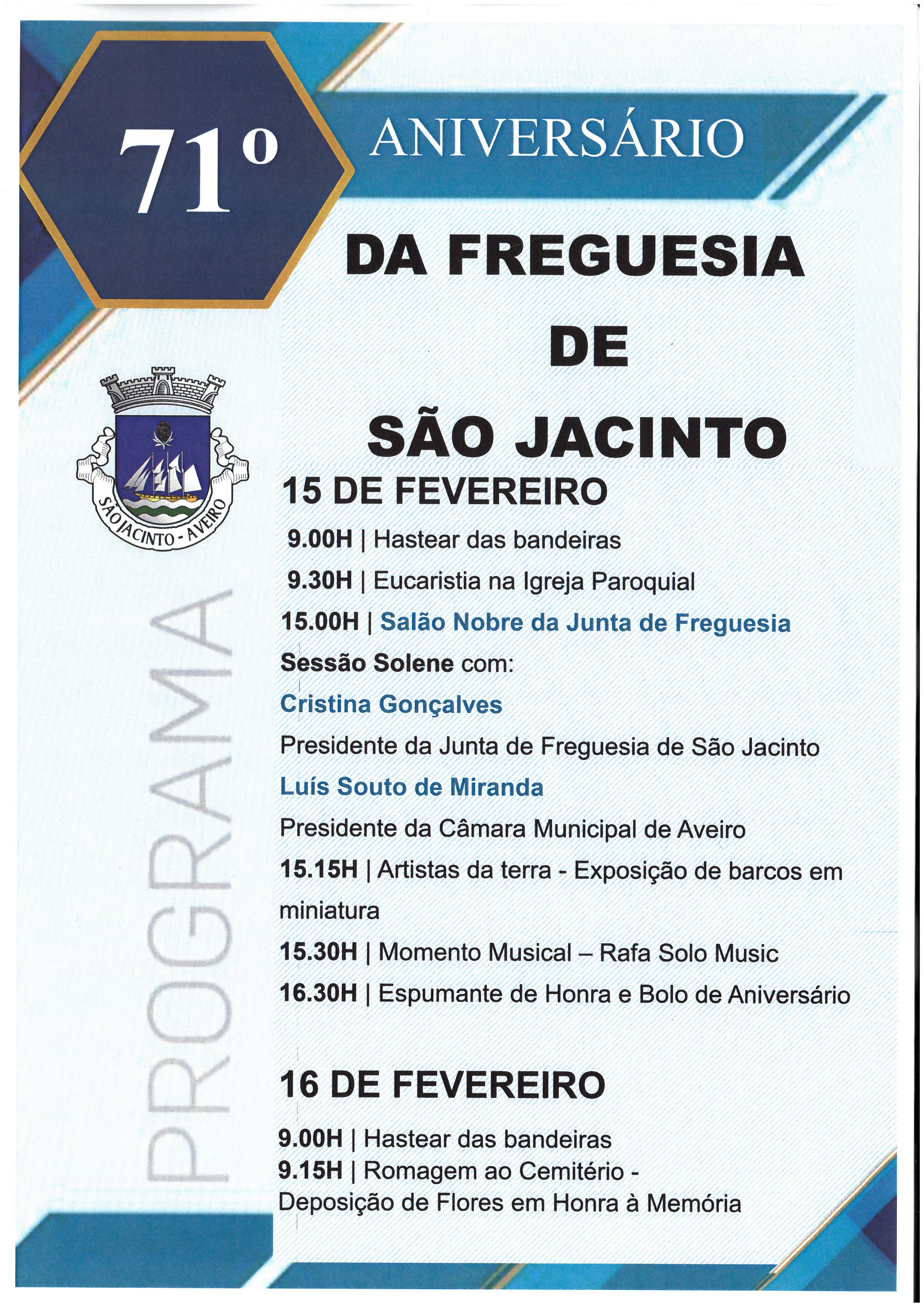Imagem Programação  do 71ºAniversário da Junta de Freguesia São Jacinto